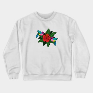 Cute Hummingbirds on Hibiscus Flower Cartoon - White Crewneck Sweatshirt